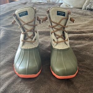 Sperry Olive and Coral Duck Boots